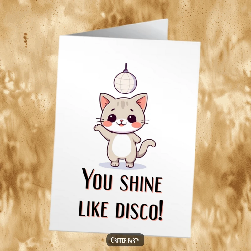 Funny Free Printable Congratulations Card: A happy kawaii cat grooves energetically on a dance floor beneath a shimmering disco ball.