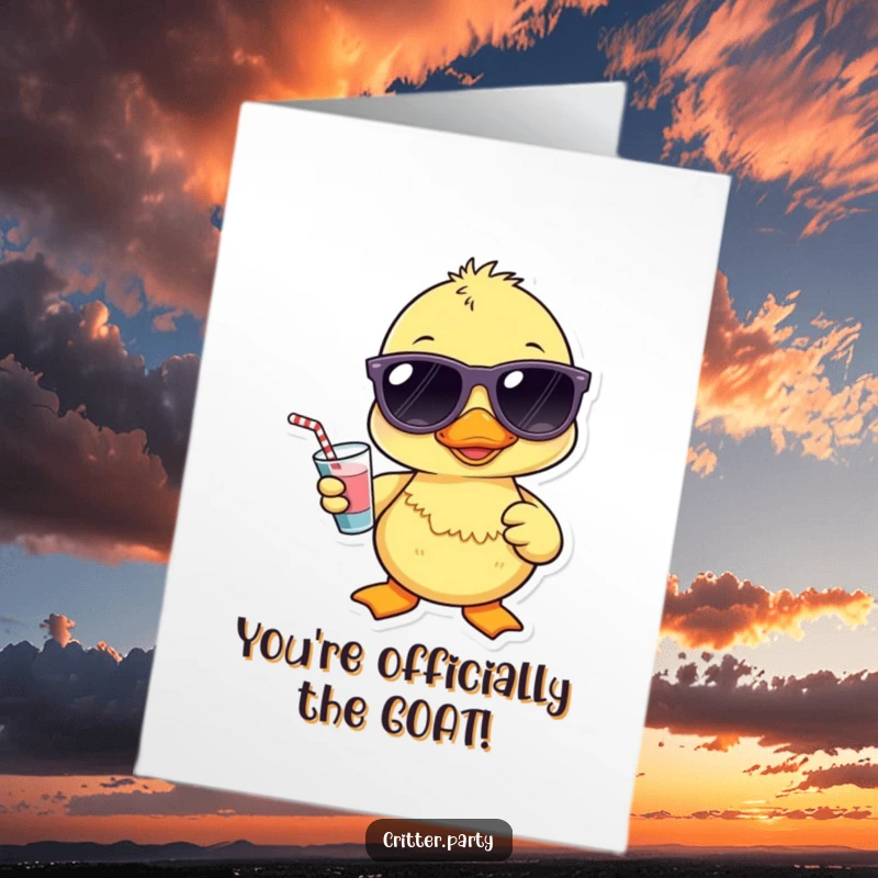Funny Free Printable Congratulations Card: Kawaii duckling wearing sunglasses with a drink, a stylish downloadable gift.