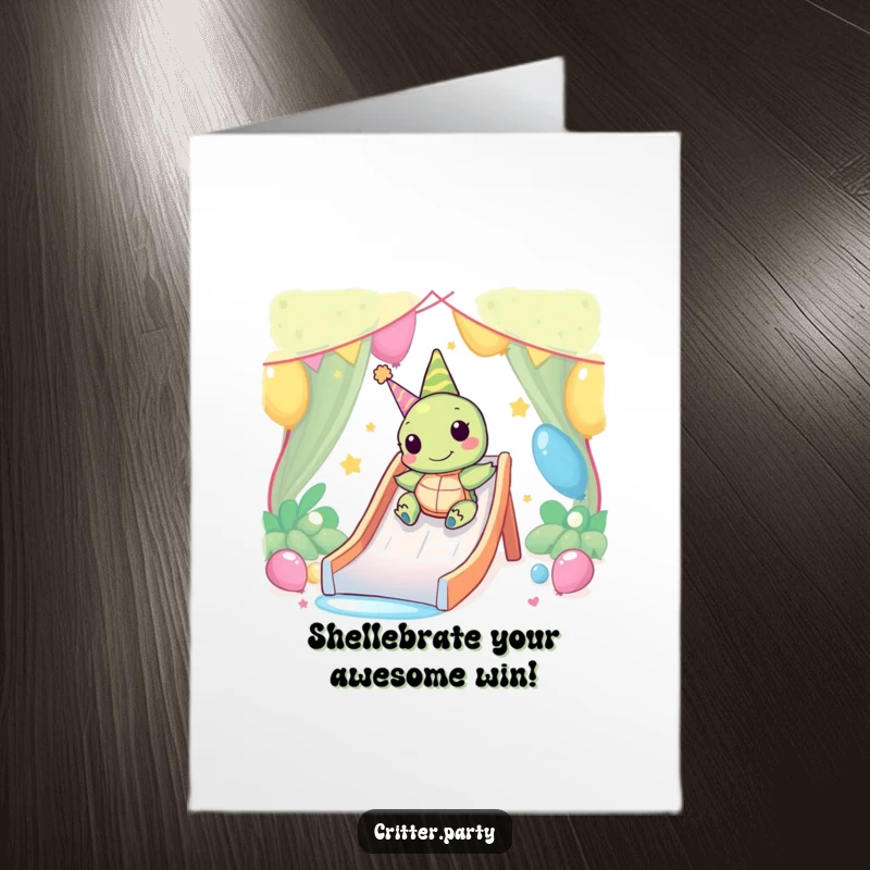 Funny Free Printable Congratulations Card: Kawaii turtle slowly sliding down a party slide, a charming downloadable gift.