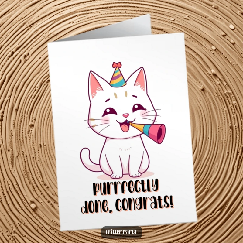 Funny Free Printable Congrats Card: Little cat wearing a party hat blows a tiny horn with enthusiasm, congratulating someone.