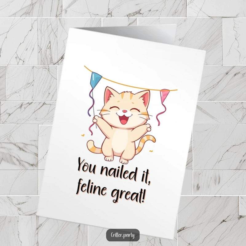 Funny Free Printable Cat Congratulations Card: A cat batting a streamer humorously celebrates your success with playful energy.