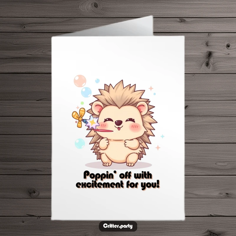 Funny Free Printable Congratulations Card: A happy hedgehog launching party popper bubbles, perfect for celebrating any win.