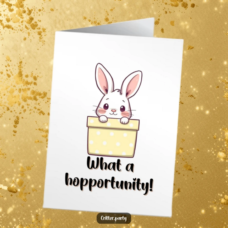 Funny Free Printable Congratulations Card: A curious rabbit emerges from a brightly wrapped gift box, celebrating your success.