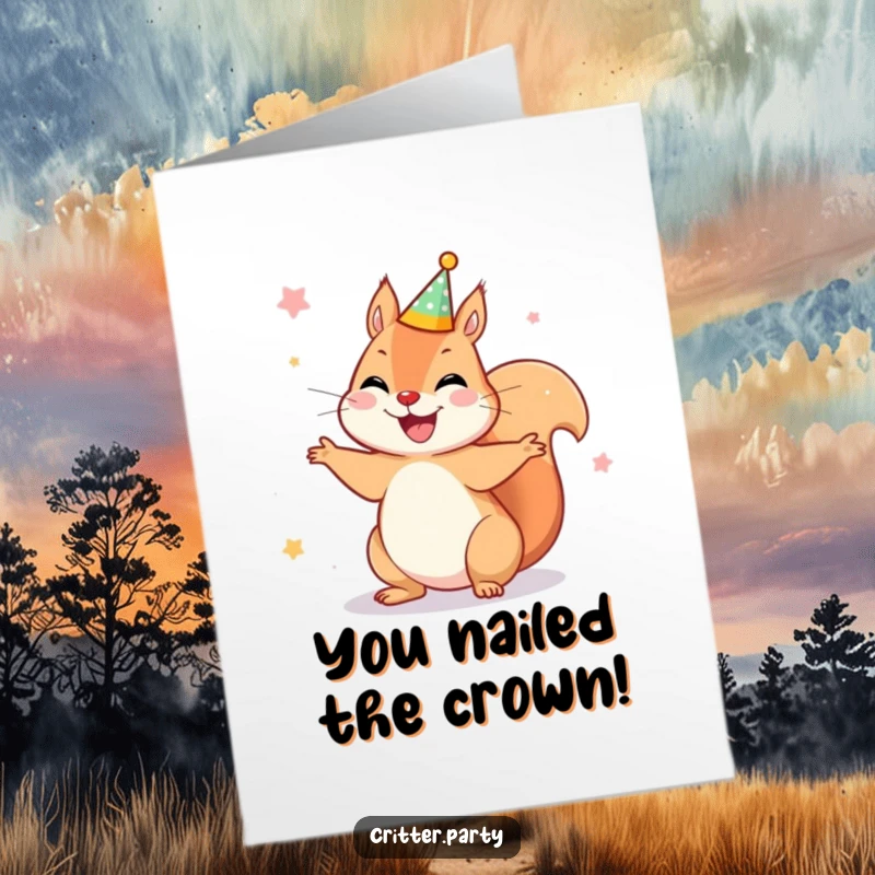 Funny Free Printable Congratulations Card: A joyful squirrel wearing a tiny party crown spins around in celebration.