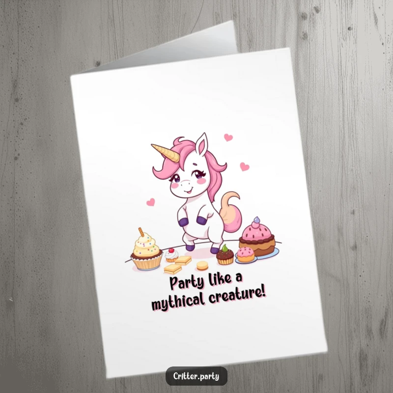 Funny free printable congratulations card showing a giggling unicorn dancing with joy around a treat-laden table.