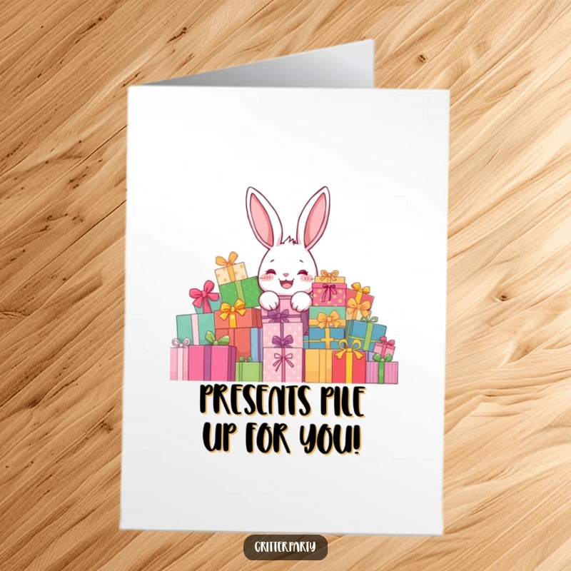 Funny Free Printable Congratulations Card: A delighted rabbit peeks curiously from a mountain of exciting gifts.