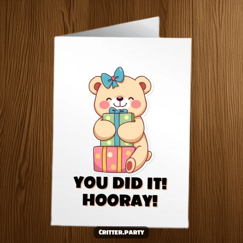 Funny Free Printable Congratulations Card: A cheerful bear embracing a stack of vibrant gifts, perfect for any accomplishment.