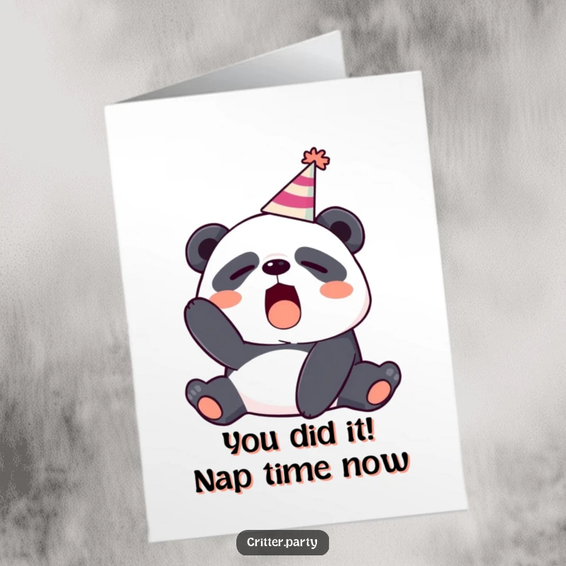 Funny Free Printable Congratulations Card: A sleepy panda yawns widely, party hat askew, celebrating your big news.