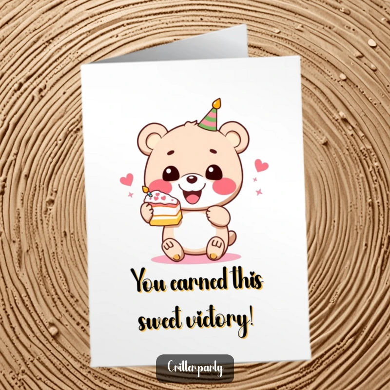 Funny Free Printable Congratulations Card: A perky bear happily celebrates with a delicious slice of cake, spreading joy.