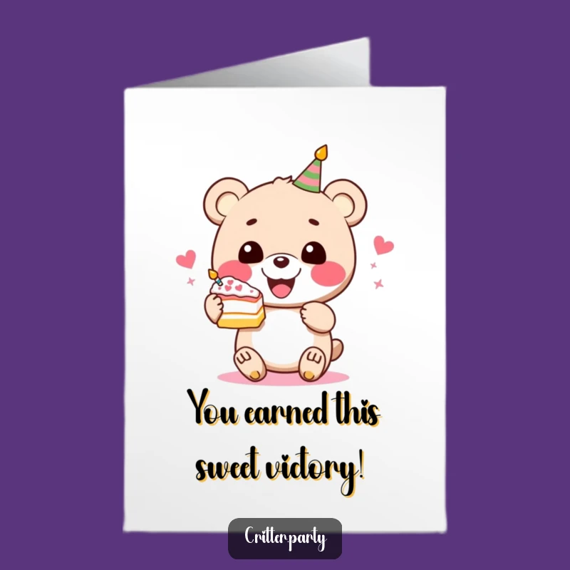 Free Printable Congrats Card: Perky Bear Cake Celebration, Funny Downloadable Gift!