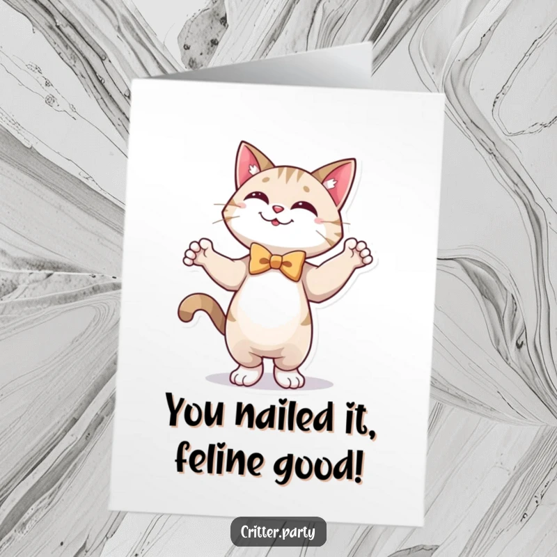 Funny free printable congratulations card featuring a happy cat wearing a bow tie, striking a celebratory dance pose.
