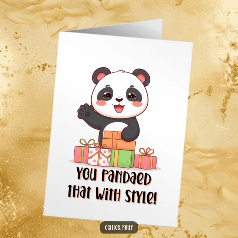 Funny free printable congratulations card with a joyful panda popping from behind gifts, waving with excitement.