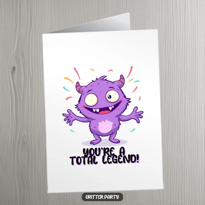 Funny Free Printable Congratulations Card: A giggling purple monster with numerous eyes energetically dances amidst a flurry of streamers.