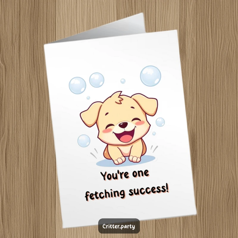 Funny free printable congratulations card featuring a playful puppy chasing bubbles with a happy, open-mouthed expression.