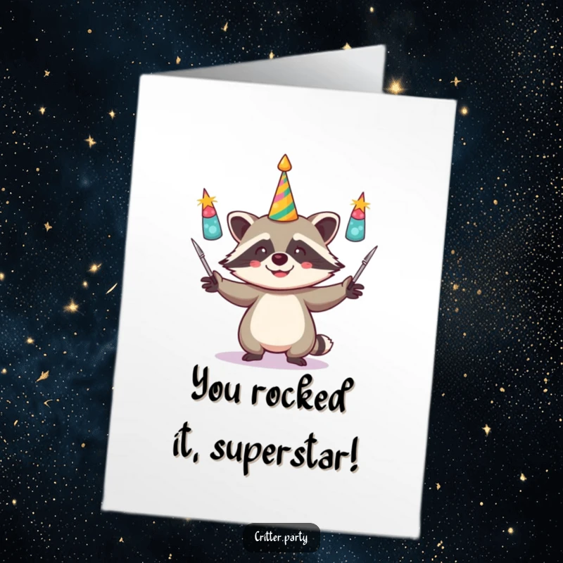 Funny Free Printable Congratulations Card: A giggling raccoon expertly juggling shiny party horns to mark a special achievement.