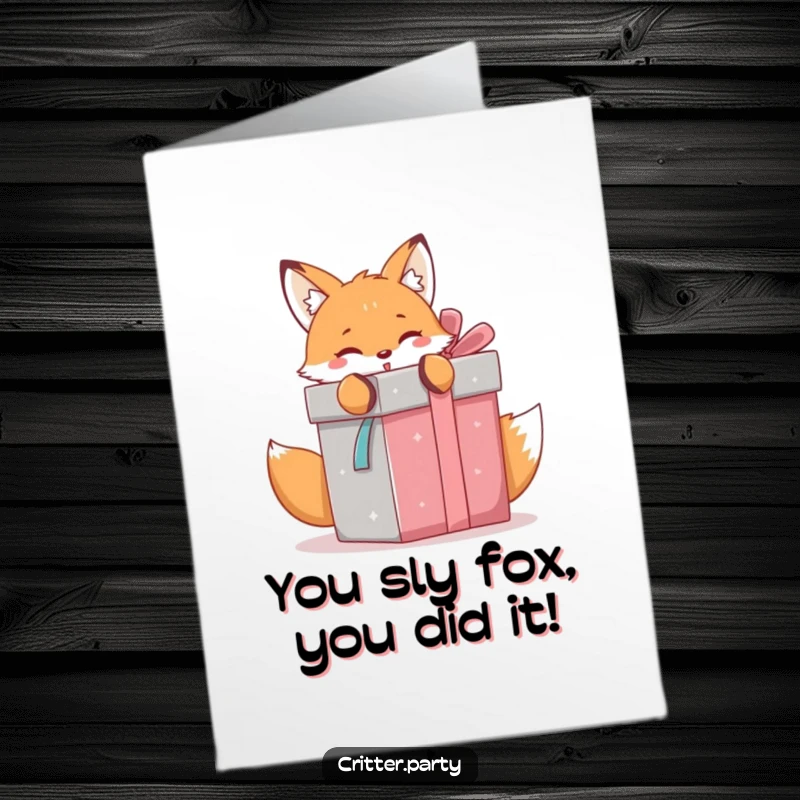 Funny Free Printable Congratulations Card: A happy kawaii fox excitedly unwraps a gigantic gift box, symbolizing grand accomplishments.