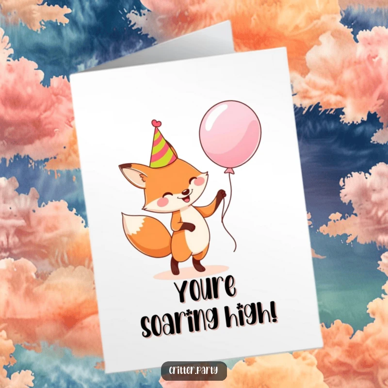 Funny Free Printable Congratulations Card: Joyful fox wearing a party hat dancing with a huge balloon, perfect for congrats.