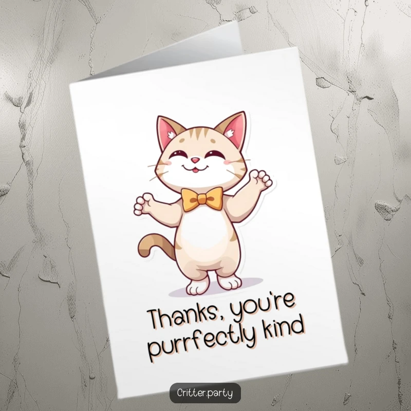 Funny free printable thank you card: a happy cat in a bow tie dancing to show thanks.