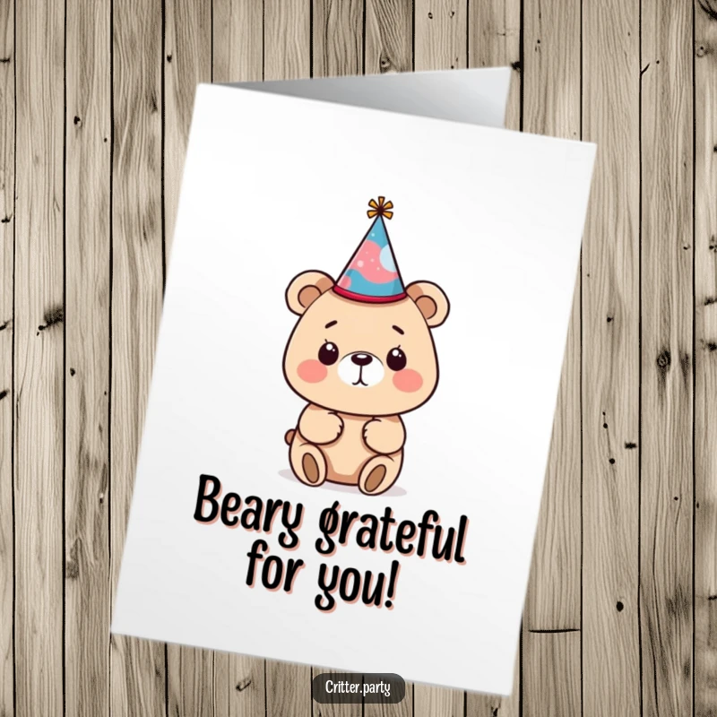 Funny Free Printable Bear Thank You Card: A bear comically dons a crooked party hat, offering thanks with a smile.