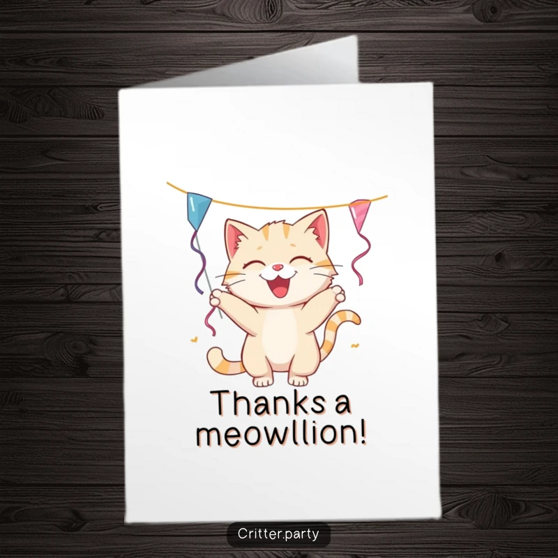 Funny Free Printable Cat Thank You Card: A smiling cat playfully swatting a streamer sends thanks with adorable mischief.