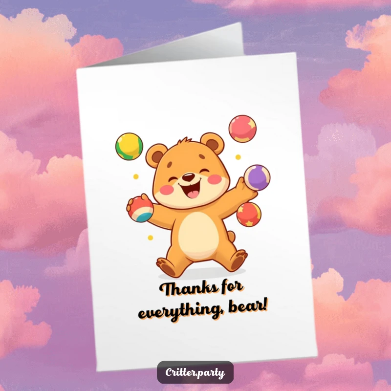 Funny free printable thank you card depicting an excited bear cub juggling colorful balls with an enthusiastic smile.