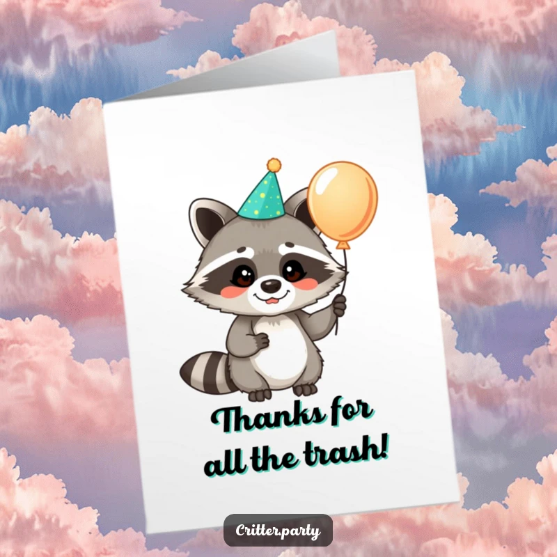Funny free printable thank you card depicting a cheerful raccoon in a party hat holding a festive balloon.