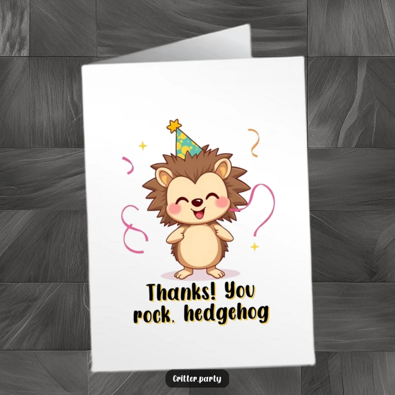 Funny Free Printable Thank You Card: A smiling hedgehog wearing a party hat juggles streamers, sending thanks with playful energy.