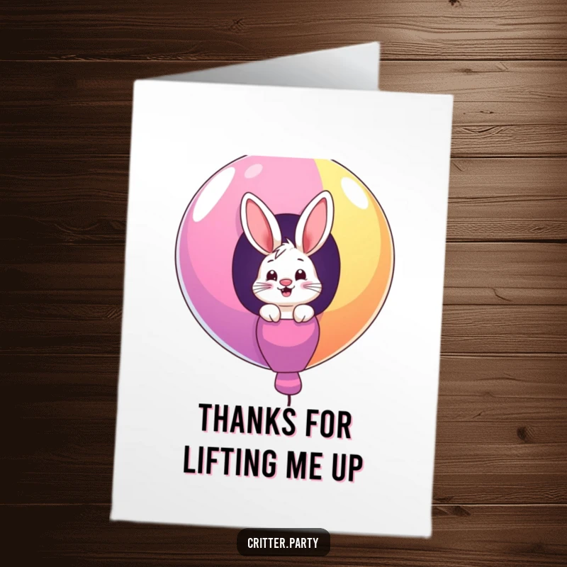 Funny Free Printable Thank You Card: Giggling bunny peeking from a colorful balloon, conveying sincere thanks with joy.