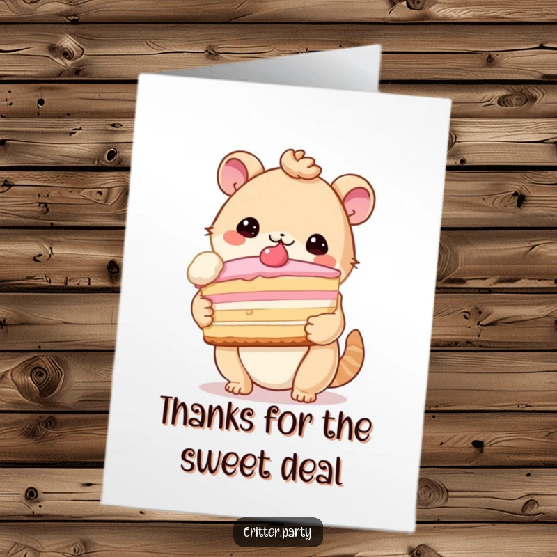 Funny Free Printable Thank You Card: A cute critter joyfully holds an enormous slice of cake, expressing thanks.