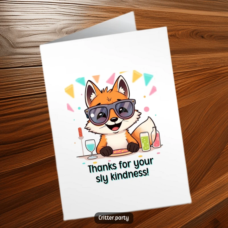 Funny free printable thank you card showing a fox in large novelty glasses at a party table, conveying thanks with whimsical charm.