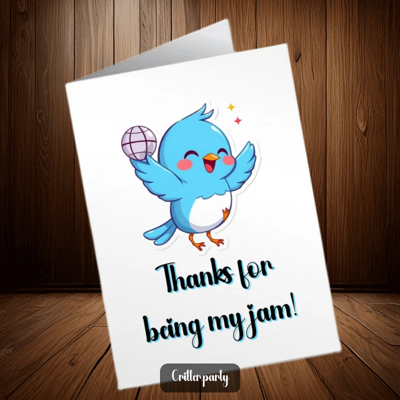 Funny Free Printable Thank You Card: A cheerful blue bird holds a tiny disco ball and dances, sending thanks with flair.