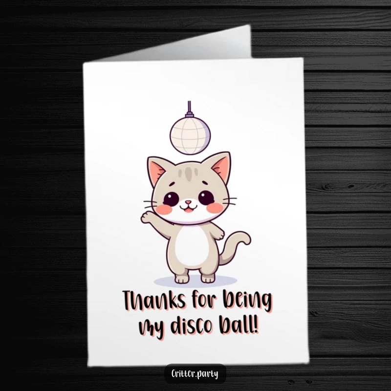 Funny Free Printable Thank You Card: A cute kawaii cat happily dances with a glittering disco ball overhead, expressing thanks.