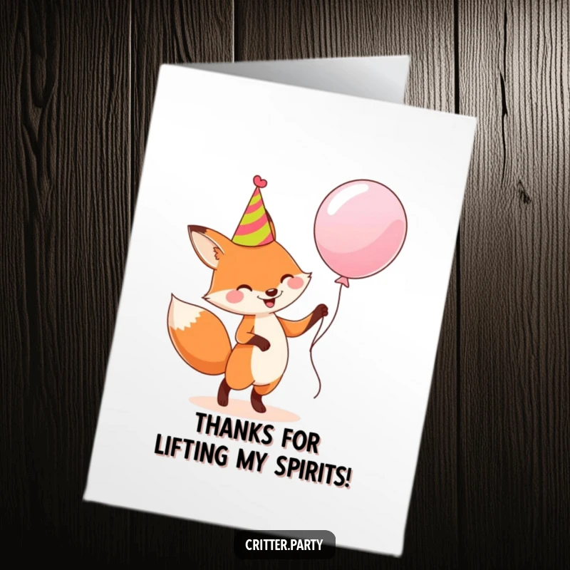 Funny Free Printable Thank You Card: Joyful fox in a party hat dancing with a large balloon, sending fun thanks.