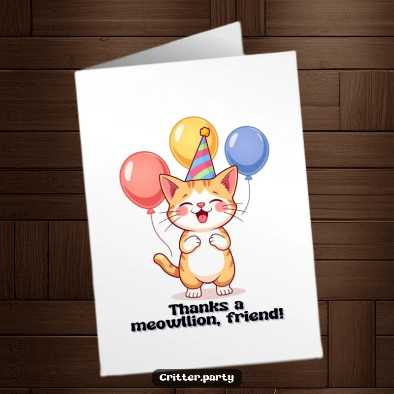Funny free printable thank you card with a cat juggling balloons, conveying appreciation with playful charm and a humorous touch.