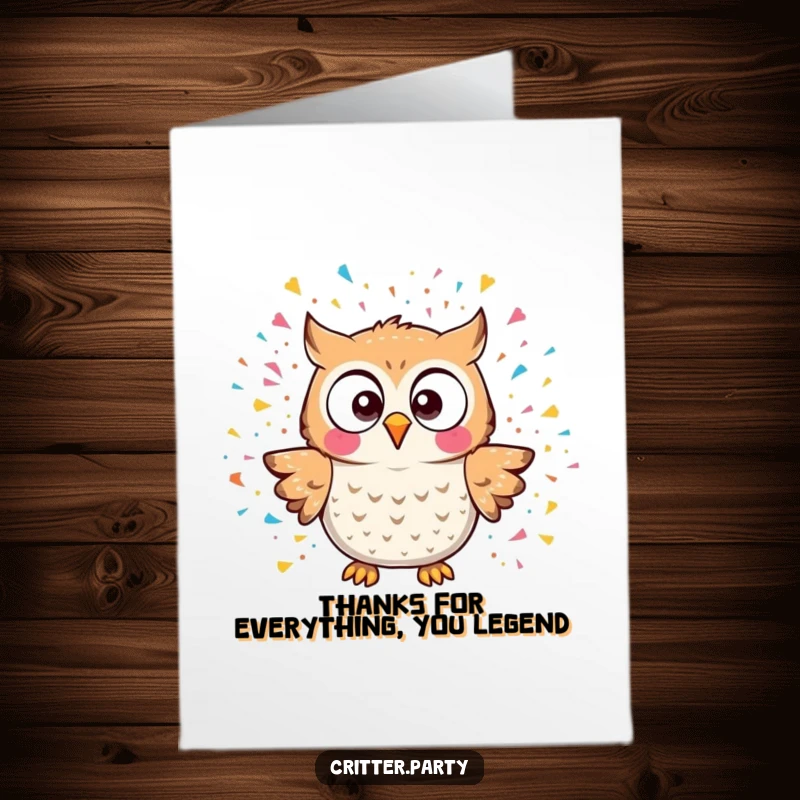 Funny Free Printable Thank You Card: Kawaii owl looking shocked by a sudden confetti explosion, a comical thank you.