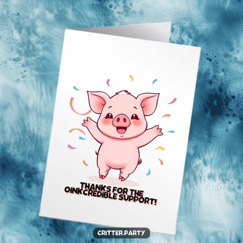 Funny Free Printable Thank You Card: Kawaii piglet twirling with streamers, a cheerful downloadable gift.