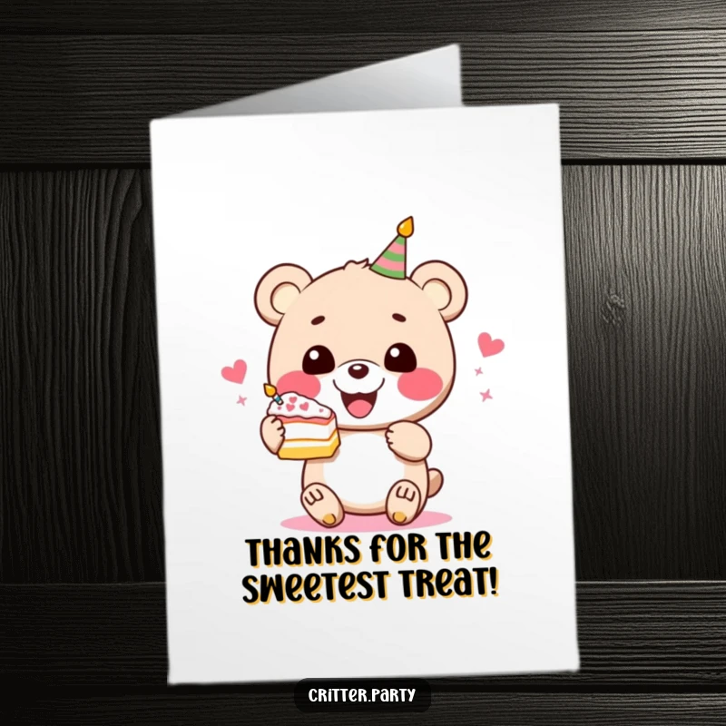 Funny Free Printable Thank You Card: A perky bear with cake expresses sincere gratitude with a cheerful grin.