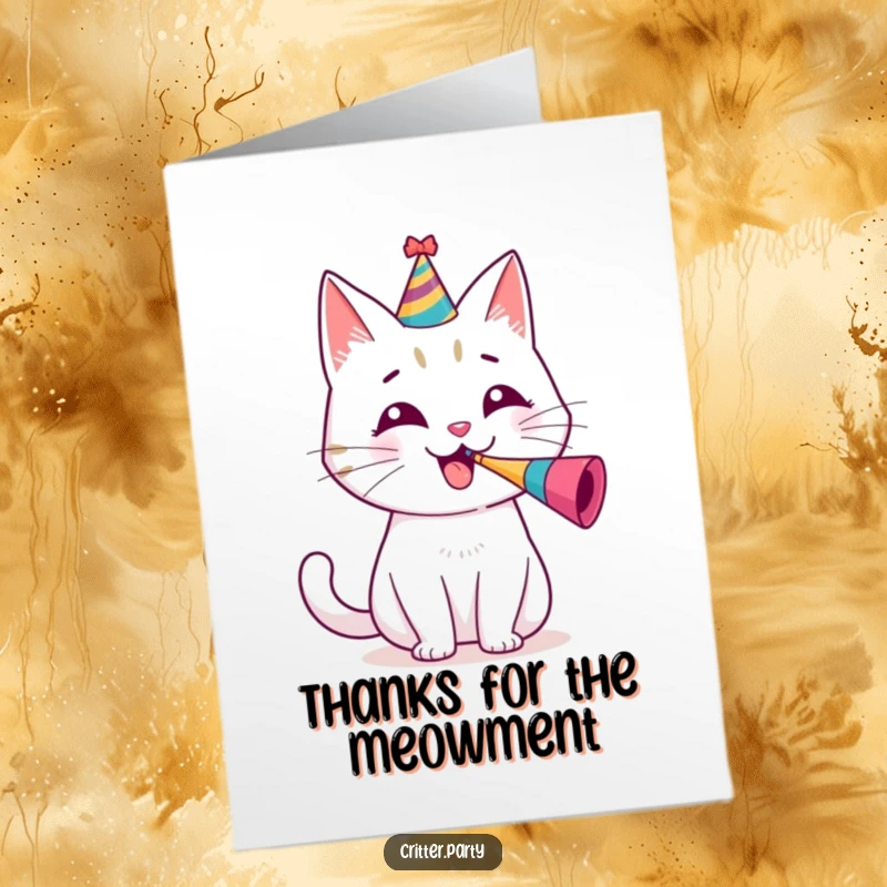 Funny Free Printable Thank You Card: Cheerful cat in party hat blowing a tiny horn, expressing thanks.