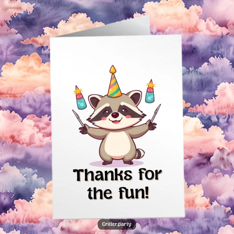 Funny Free Printable Thank You Card: A juggling raccoon with party horns, offering a playful expression of thanks.