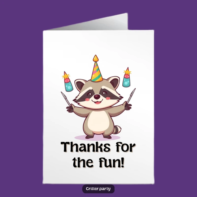 Free Printable Thank You Card: Raccoon Juggling Party Horns - Funny Downloadable Gratitude