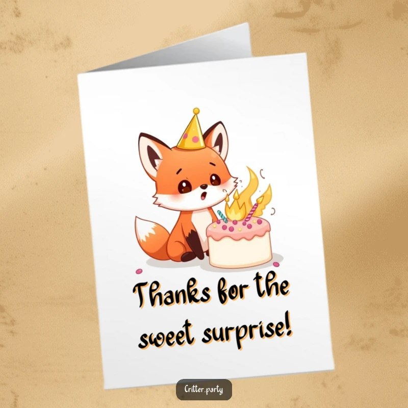 Funny Free Printable Thank You Card: A red fox cub in a party crown gasps at a cake that’s spectacularly exploding.
