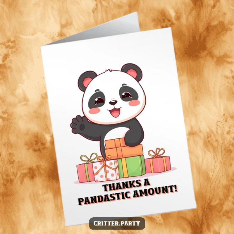 Funny free printable thank you card with a cute panda peeking from presents, waving a friendly thank you.