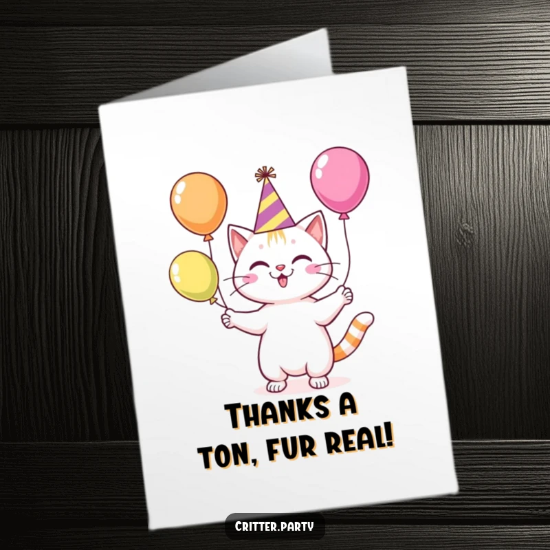 Funny free printable thank you card featuring a cheerful cat in a party hat juggling balloons, conveying heartfelt thanks.