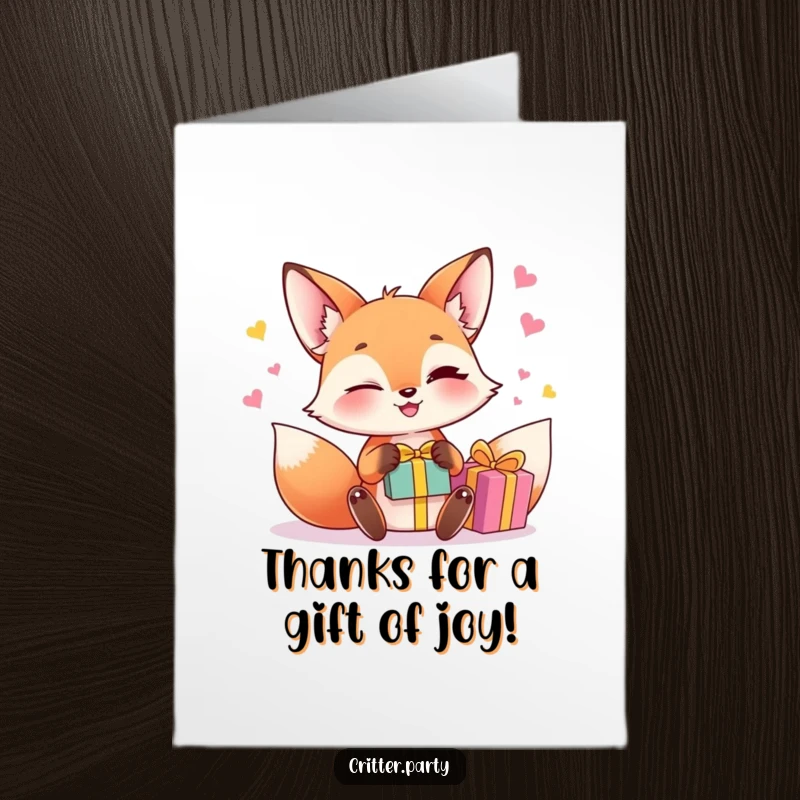 Funny Free Printable Thank You Card: A winking fox juggles gift boxes, a happy symbol of appreciation.