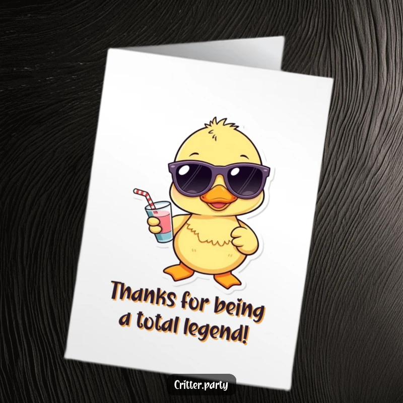 Funny Free Printable Thank You Card: Kawaii duckling in sunglasses with a drink, a chill downloadable gift.