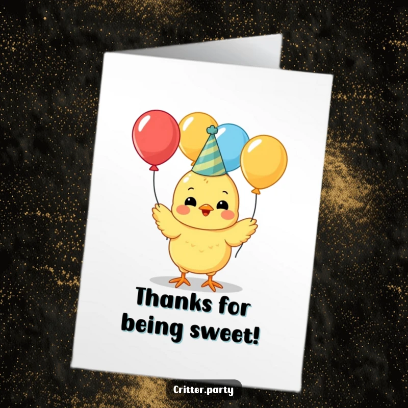 Funny Free Printable Thank You Card: Cute yellow chick in party hat juggles balloons, playfully expressing gratitude.