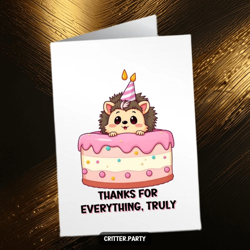 Funny free printable thank you card: a curious hedgehog peeking from a birthday cake with a surprised look.