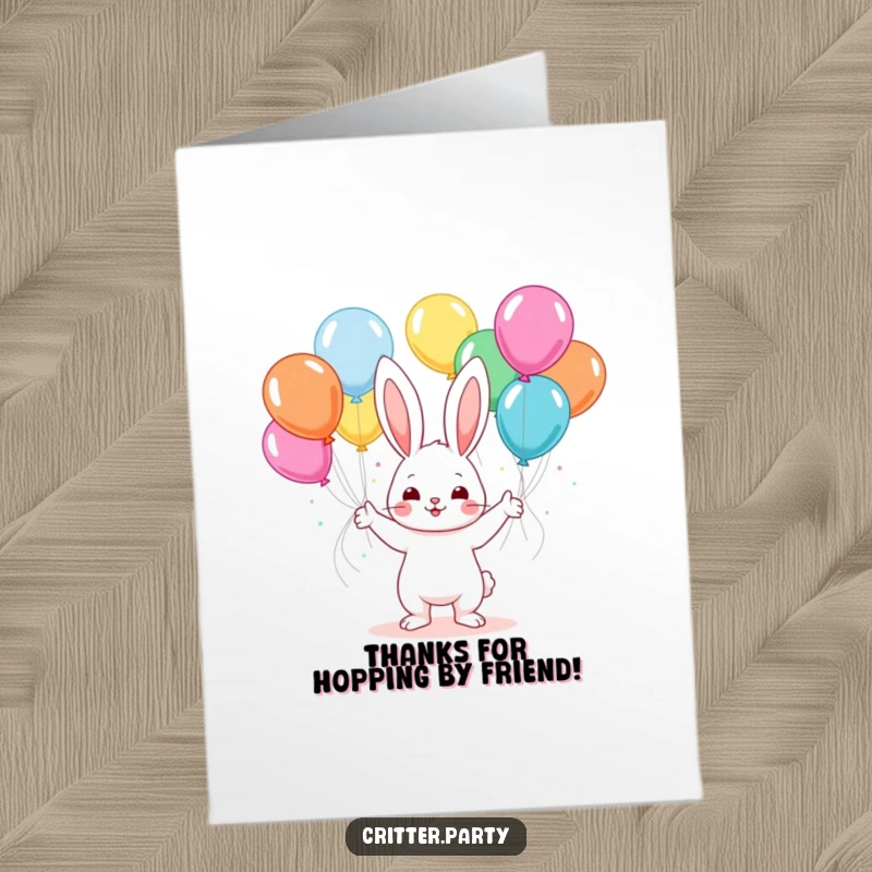 Funny Free Printable Thank You Card: An energetic kawaii bunny confidently juggles a cluster of vibrant, round balloons to express thanks.
