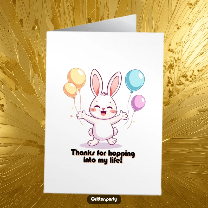 Funny Free Printable Thank You Card: A cute bunny dancing with flailing arms and balloons, a cheerful downloadable thank you.