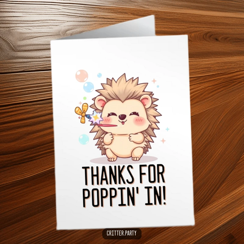 Funny Free Printable Thank You Card: Cute hedgehog releasing party popper bubbles, a delightful way to say thanks.